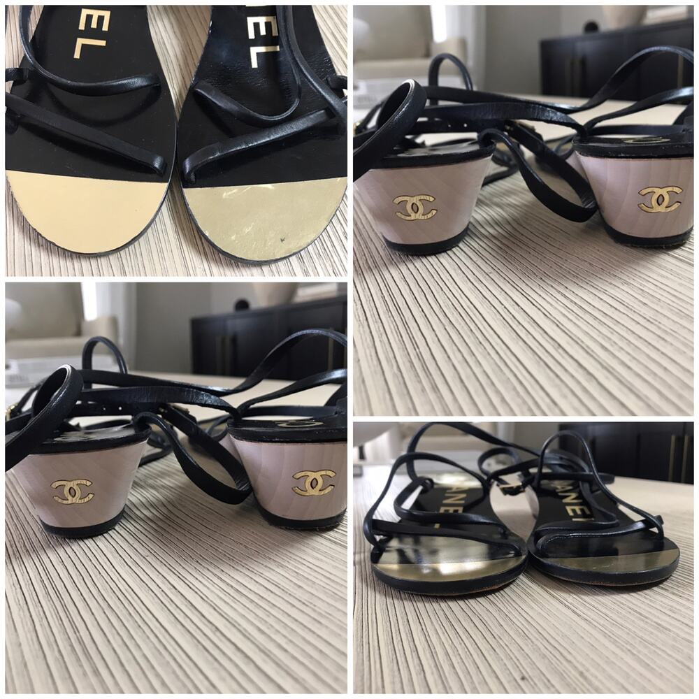 CHANEL Black Beige Two-Tone CC Logo Flat Sandal Size 37 Italy - Picture 9 of 14